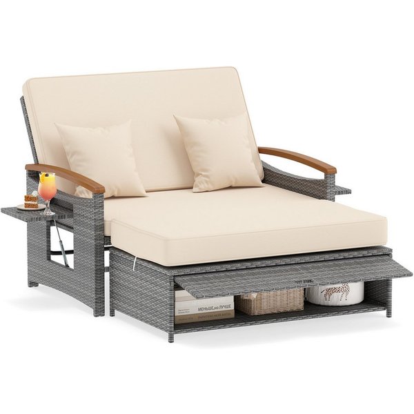 COSTWAY Loungebett outdoor, Rattan, 2-Personen, Gartenliege mit verstellbarer Rückenlehne