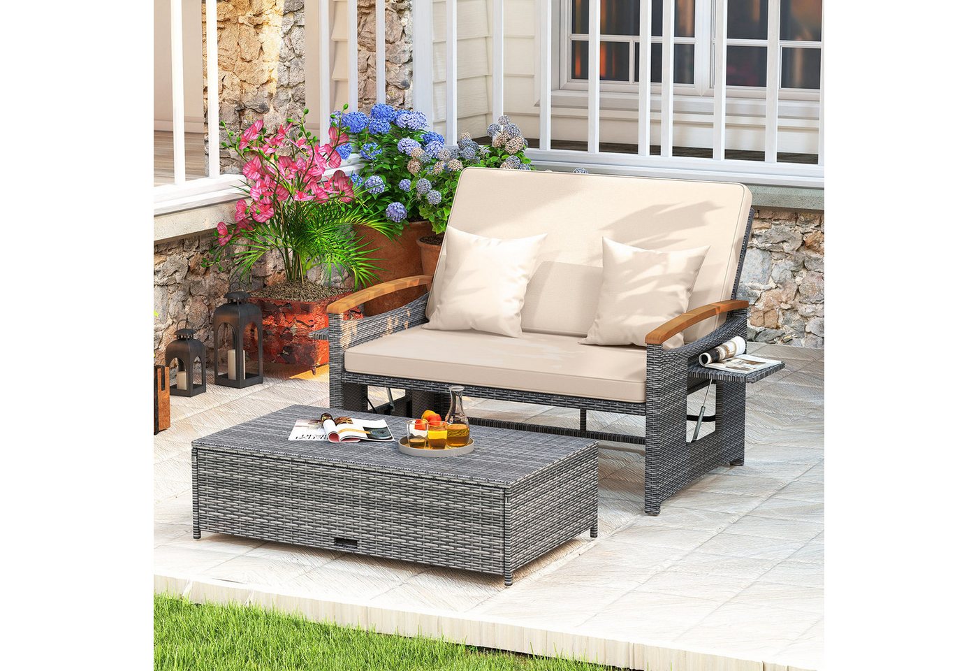 COSTWAY Loungebett outdoor, Rattan, 2-Personen, Gartenliege mit verstellbarer Rückenlehne – Bild 2 von 5