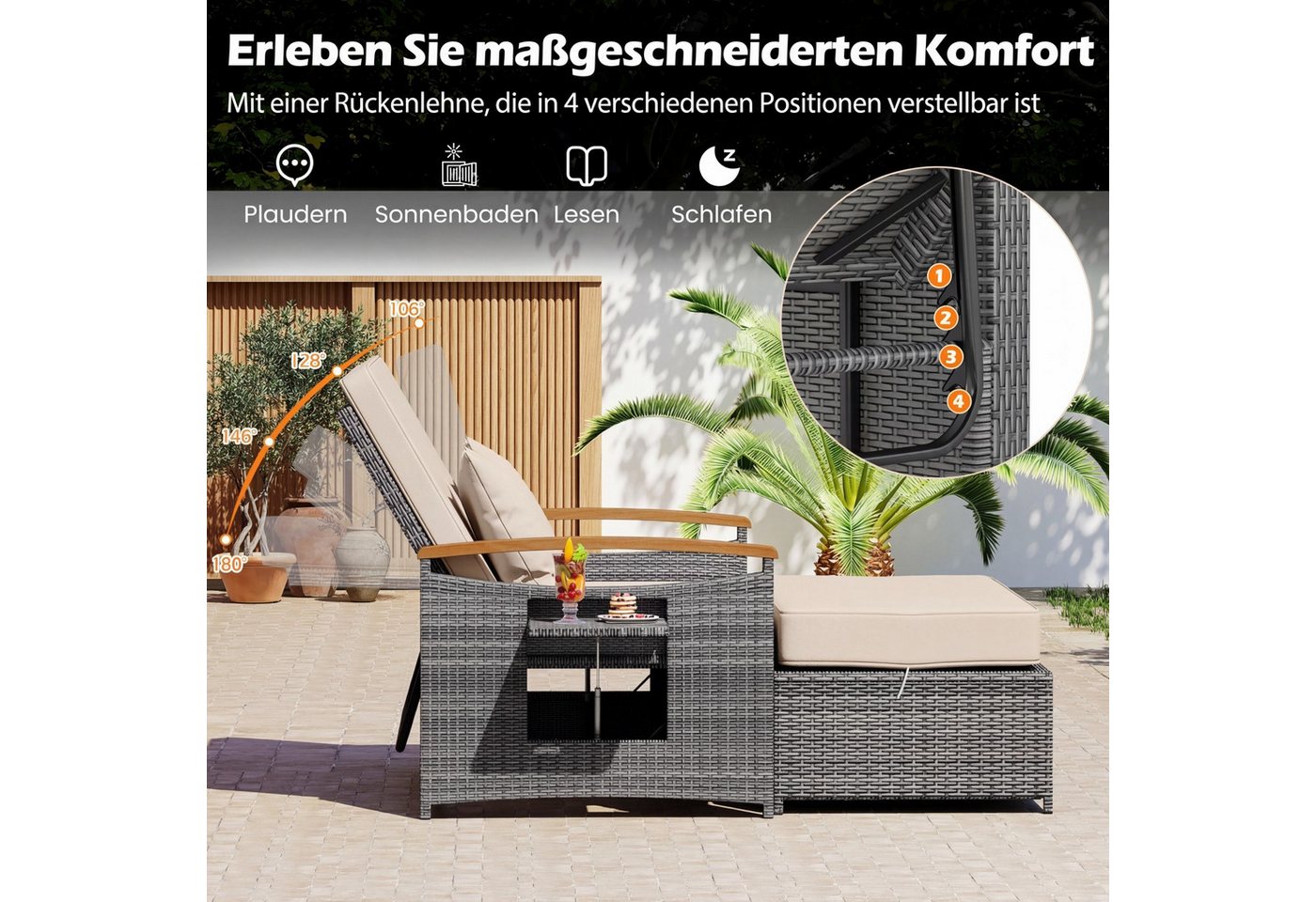 COSTWAY Loungebett outdoor, Rattan, 2-Personen, Gartenliege mit verstellbarer Rückenlehne – Bild 3 von 5