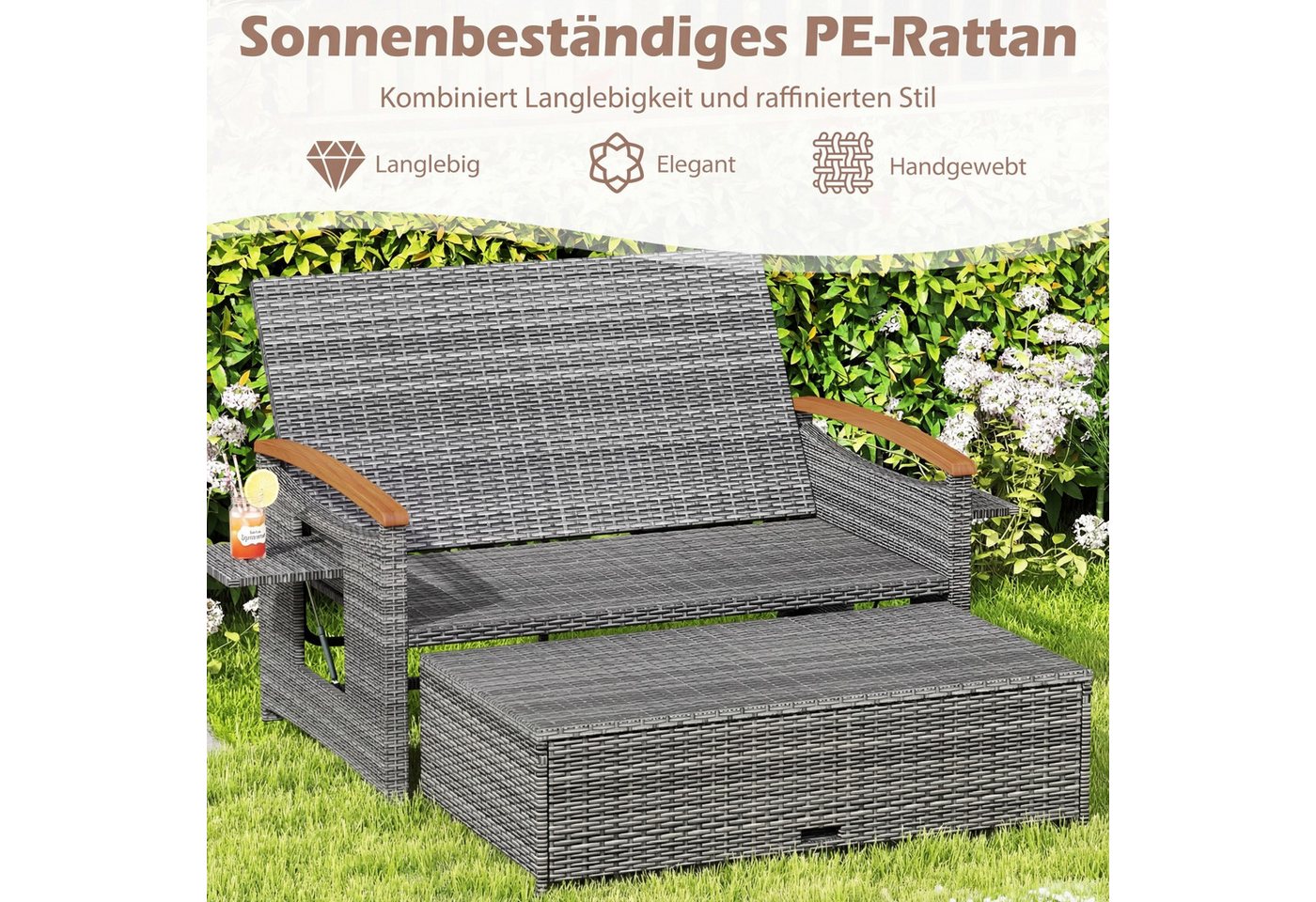 COSTWAY Loungebett outdoor, Rattan, 2-Personen, Gartenliege mit verstellbarer Rückenlehne – Bild 4 von 5