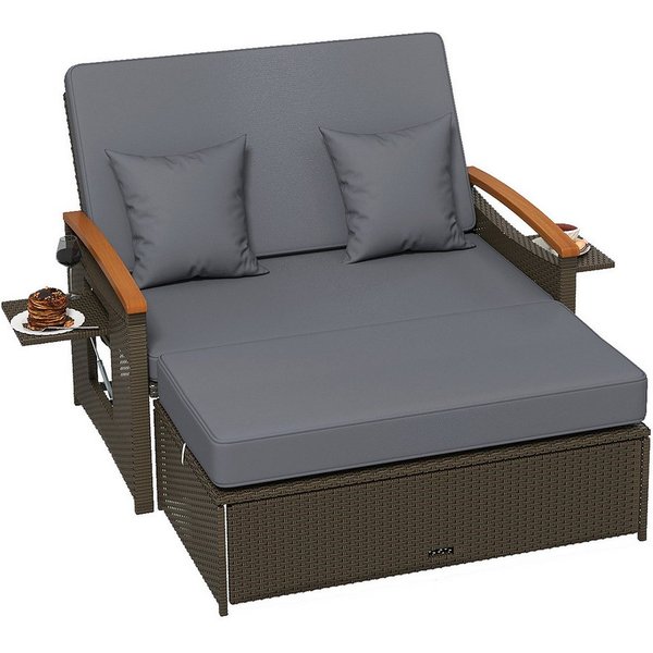 COSTWAY Loungebett outdoor, Rattan, 2-Personen, Gartenliege mit verstellbarer Rückenlehne