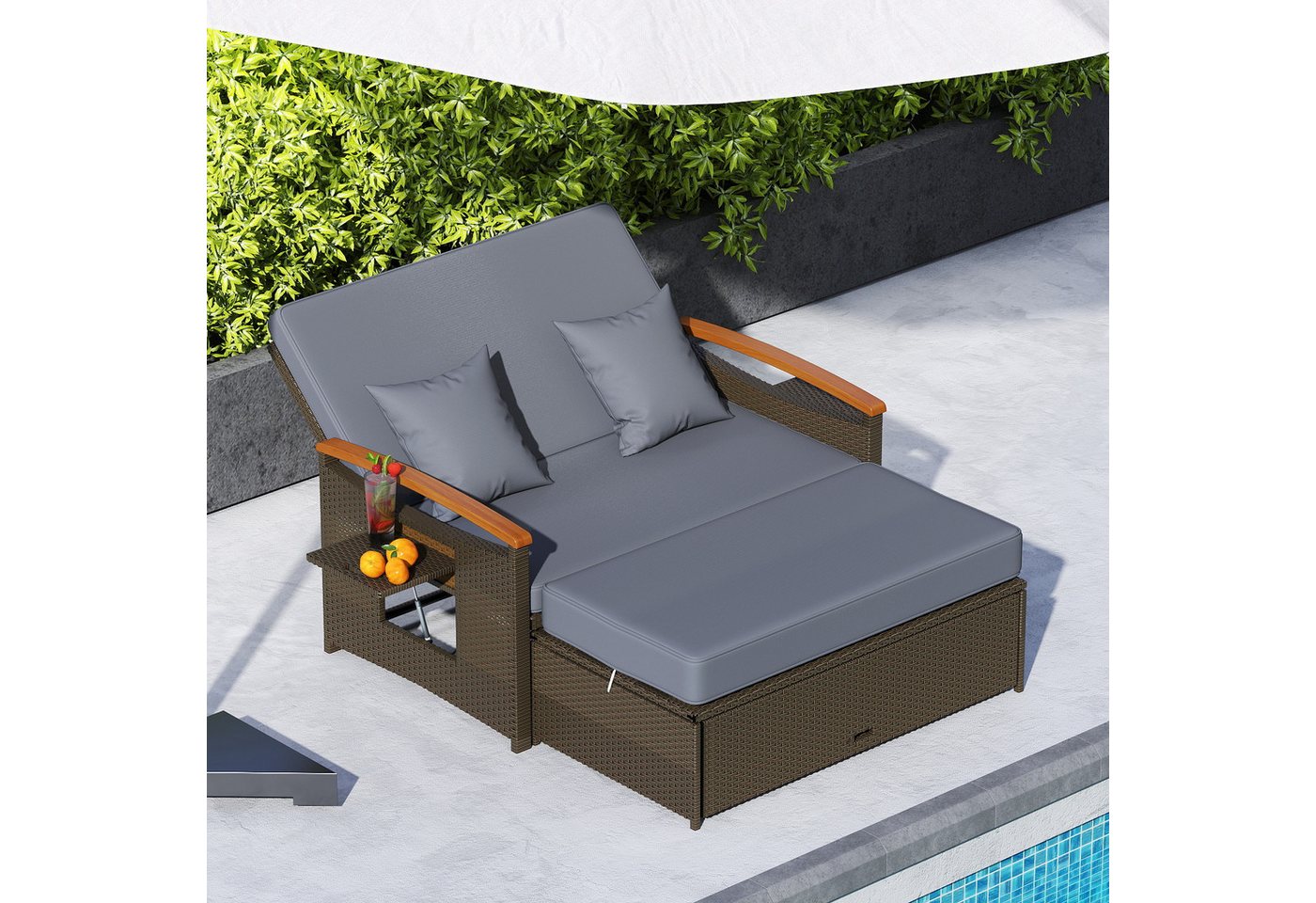 COSTWAY Loungebett outdoor, Rattan, 2-Personen, Gartenliege mit verstellbarer Rückenlehne – Bild 2 von 5