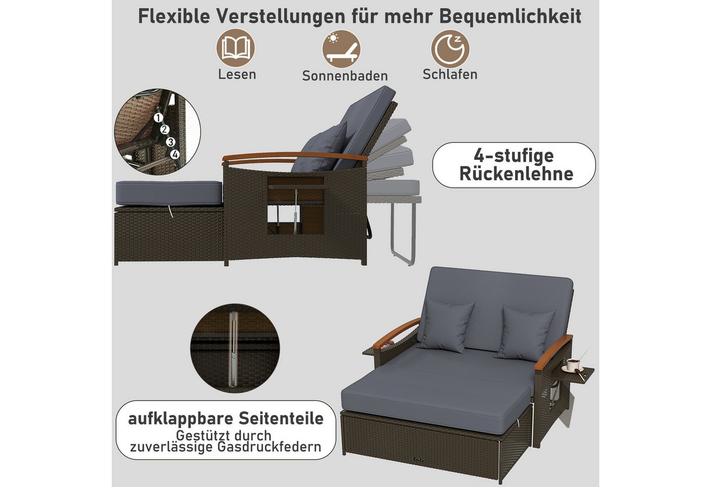 COSTWAY Loungebett outdoor, Rattan, 2-Personen, Gartenliege mit verstellbarer Rückenlehne – Bild 3 von 5