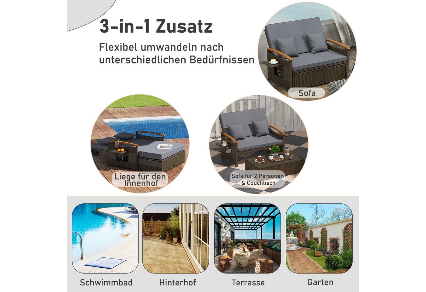 COSTWAY Loungebett outdoor, Rattan, 2-Personen, Gartenliege mit verstellbarer Rückenlehne – Bild 4 von 5