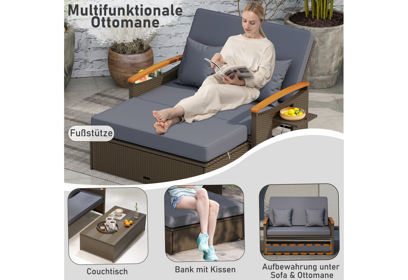 COSTWAY Loungebett outdoor, Rattan, 2-Personen, Gartenliege mit verstellbarer Rückenlehne – Bild 5 von 5