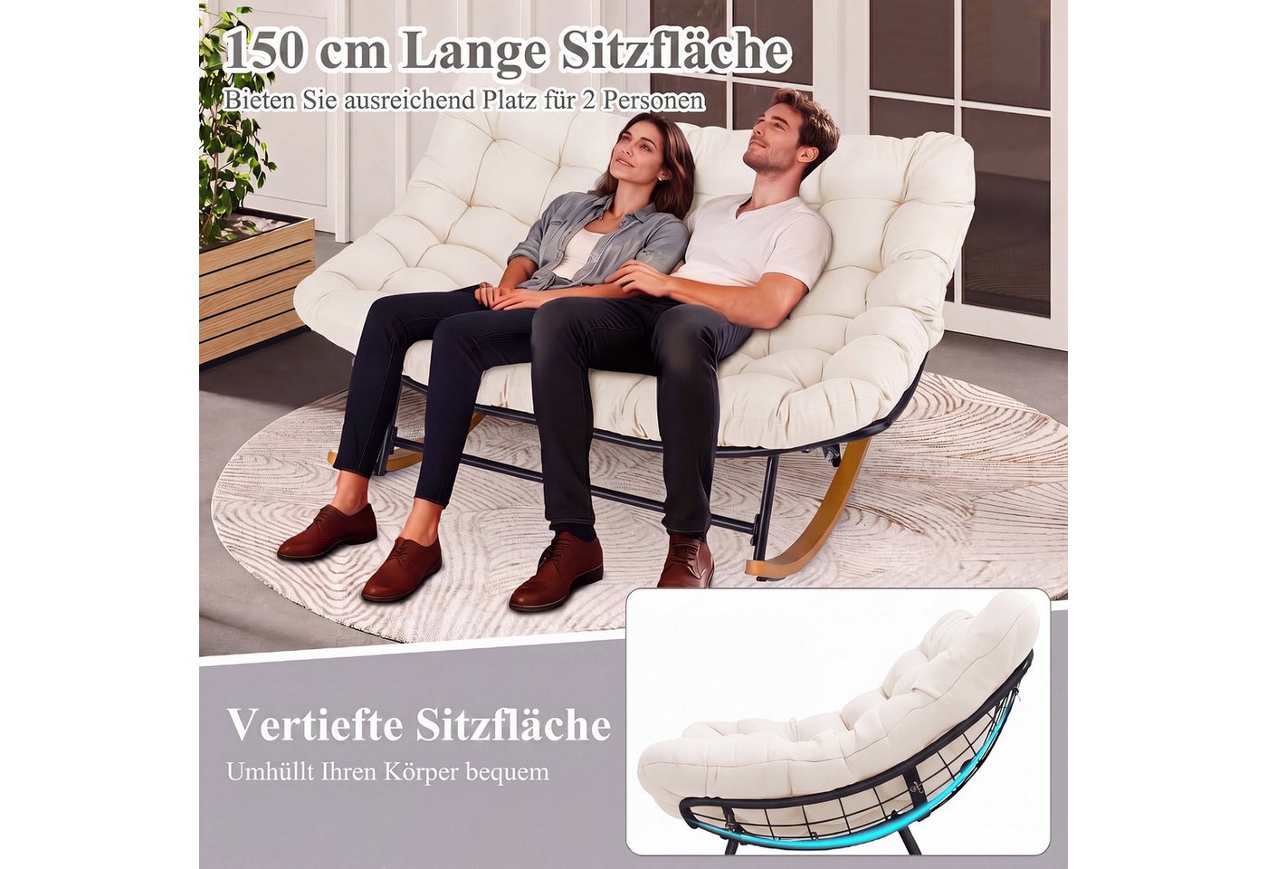 COSTWAY Loungesessel, Schaukelsessel für 2 Personen mit Kissen, bis 320kg – Bild 4 von 5