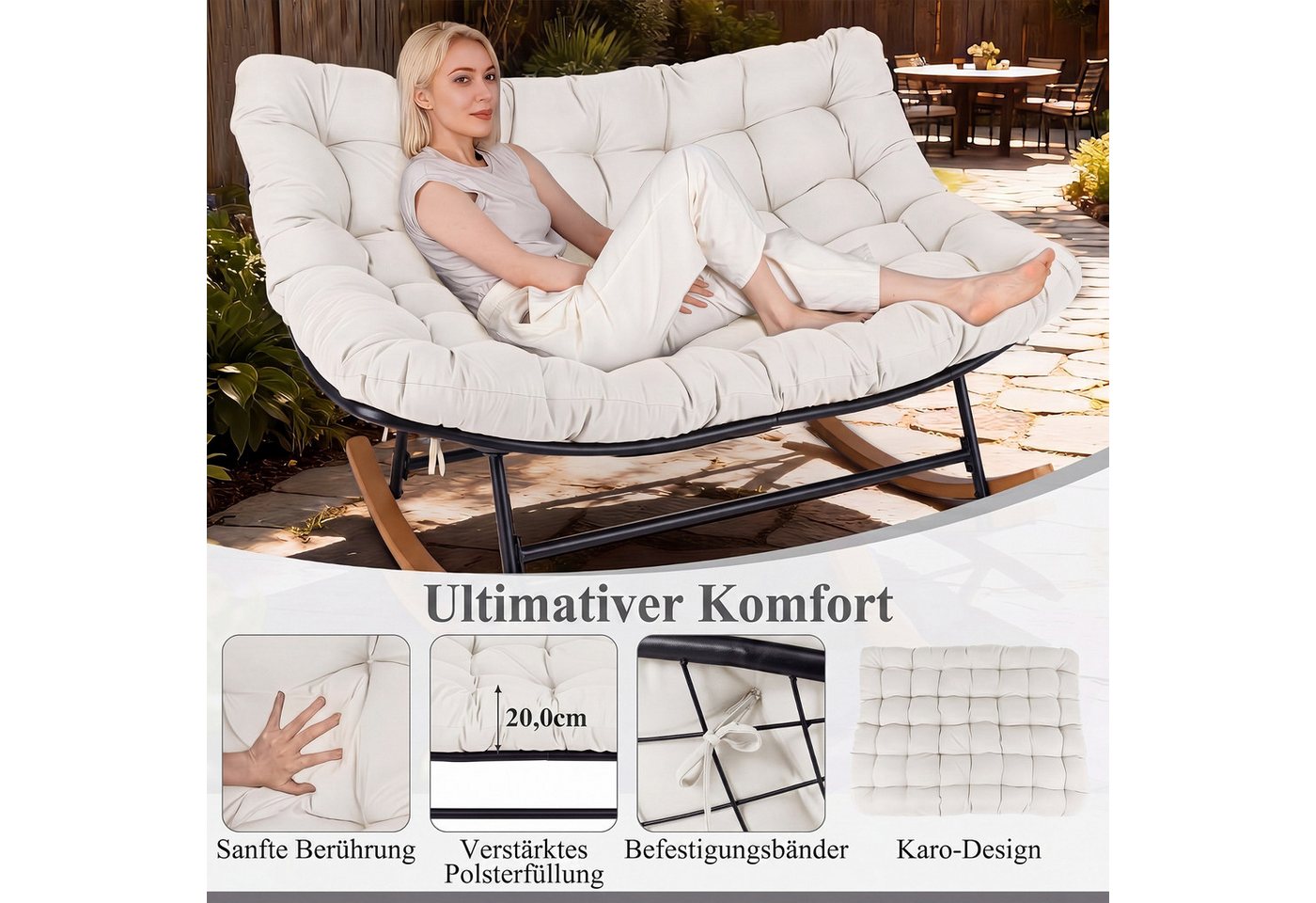 COSTWAY Loungesessel, Schaukelsessel für 2 Personen mit Kissen, bis 320kg – Bild 5 von 5