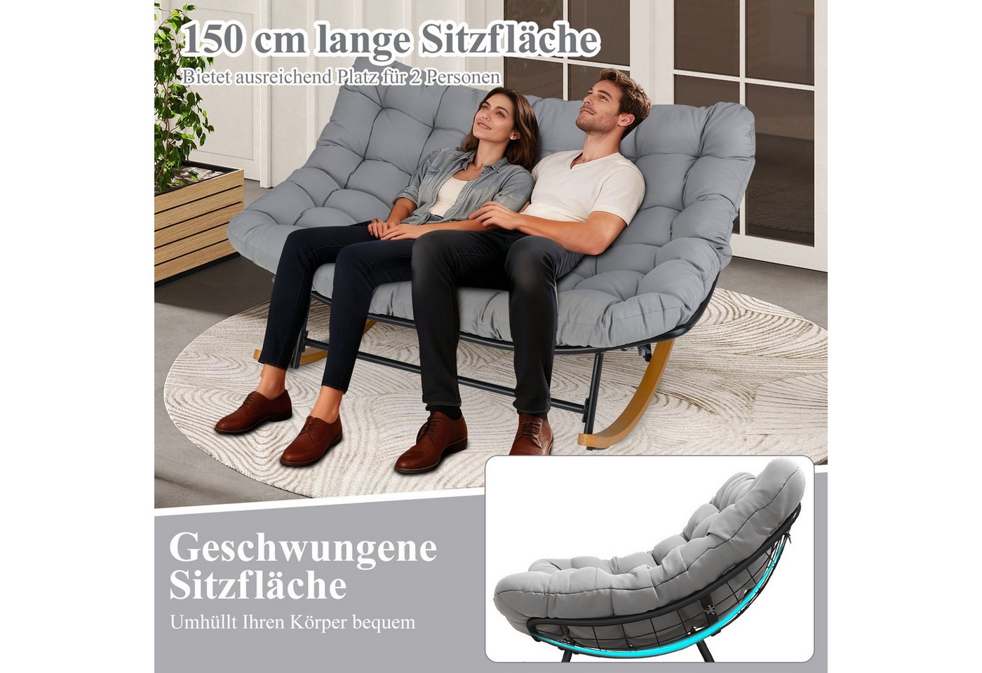 COSTWAY Loungesessel, Schaukelsessel für 2 Personen mit Kissen, bis 320kg – Bild 4 von 5