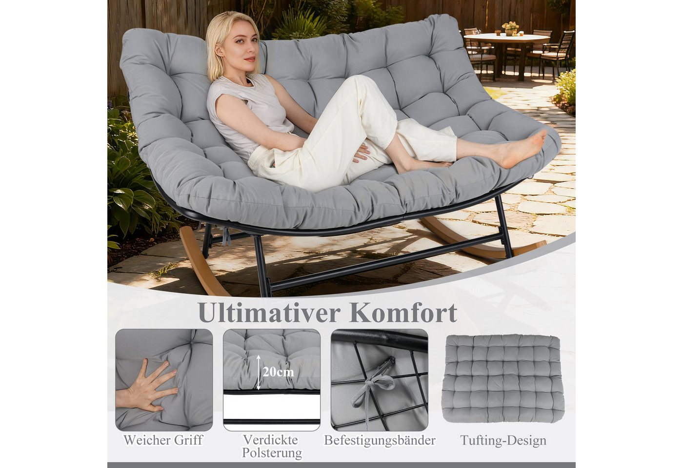 COSTWAY Loungesessel, Schaukelsessel für 2 Personen mit Kissen, bis 320kg – Bild 5 von 5