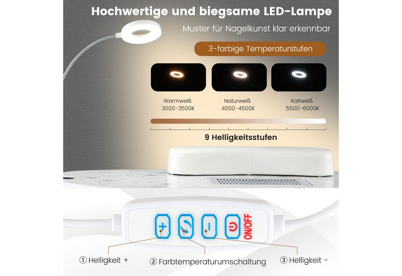 COSTWAY Maniküre-Pediküre-Set, Maniküretisch klappbar mit LED – Bild 2 von 5