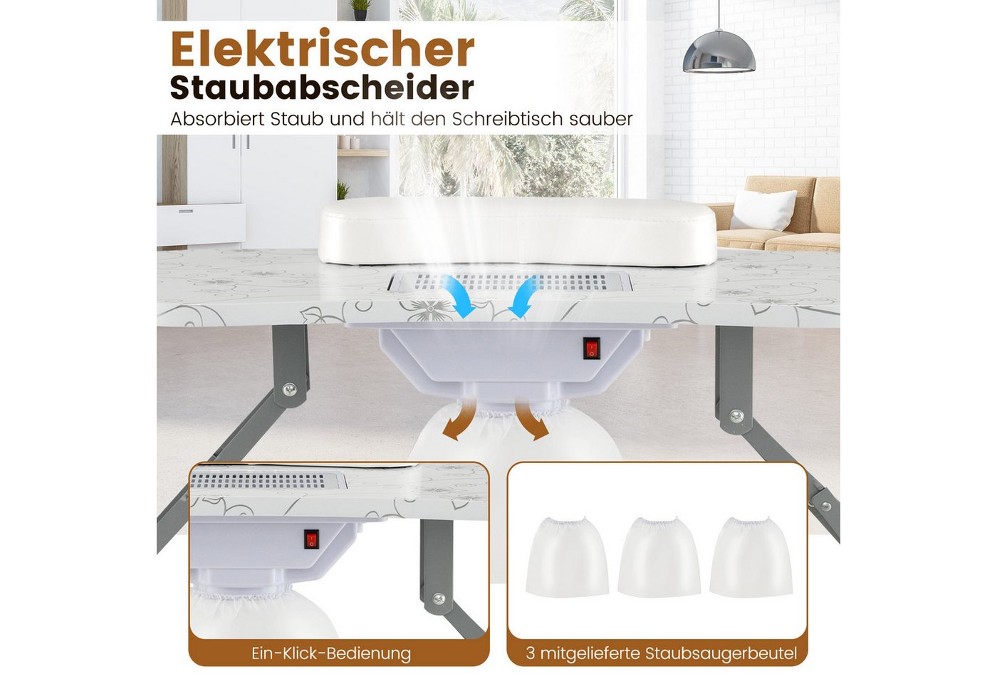 COSTWAY Maniküre-Pediküre-Set, Maniküretisch klappbar mit LED – Bild 3 von 5
