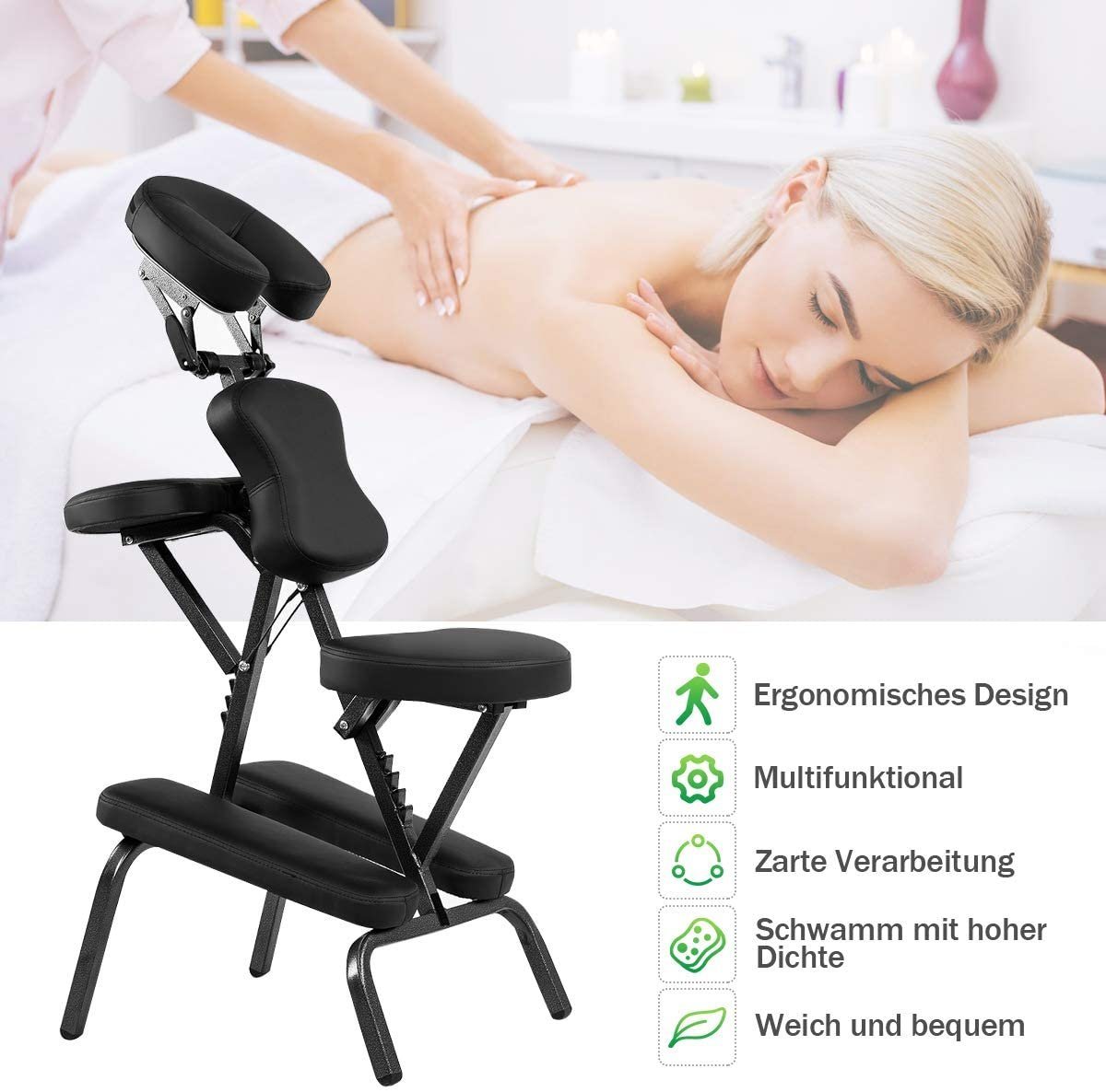 COSTWAY Massagesessel, klappbar, höhenverstellbar, tragbar,Tattoostuhl 150kg – Bild 3 von 5
