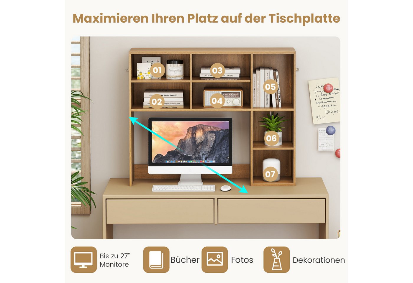 COSTWAY Mehrzweckregal, Schreibtischaufsatz Tischregal mit 7 Fächern 94x25x79cm – Bild 3 von 5