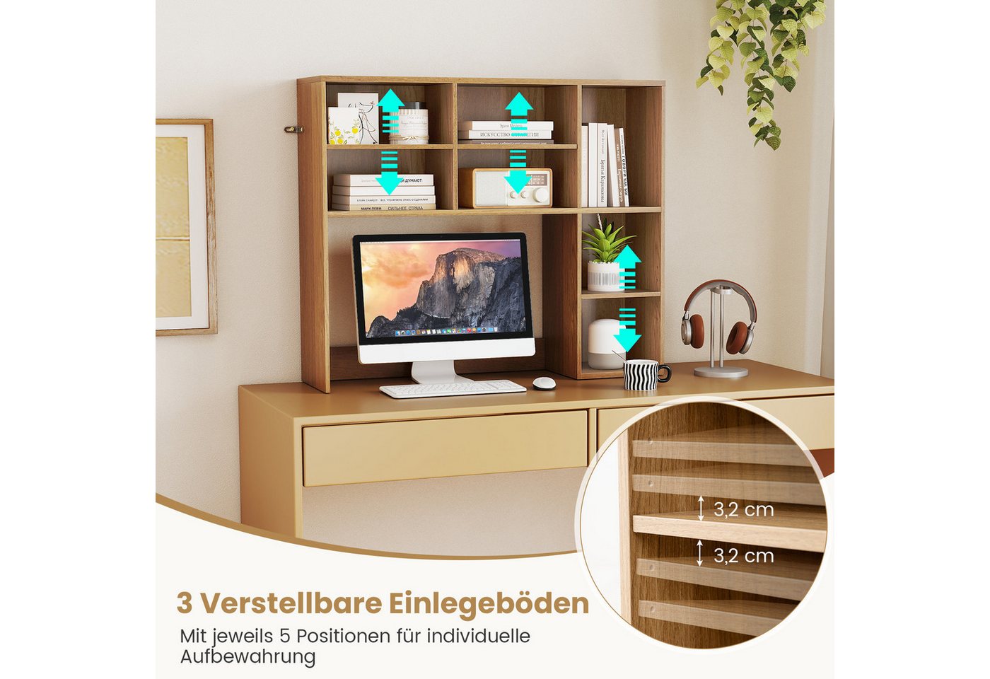 COSTWAY Mehrzweckregal, Schreibtischaufsatz Tischregal mit 7 Fächern 94x25x79cm – Bild 4 von 5