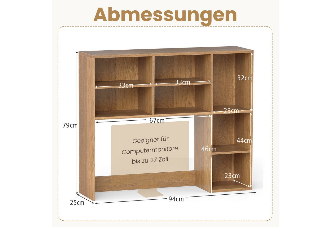 COSTWAY Mehrzweckregal, Schreibtischaufsatz Tischregal mit 7 Fächern 94x25x79cm – Bild 5 von 5