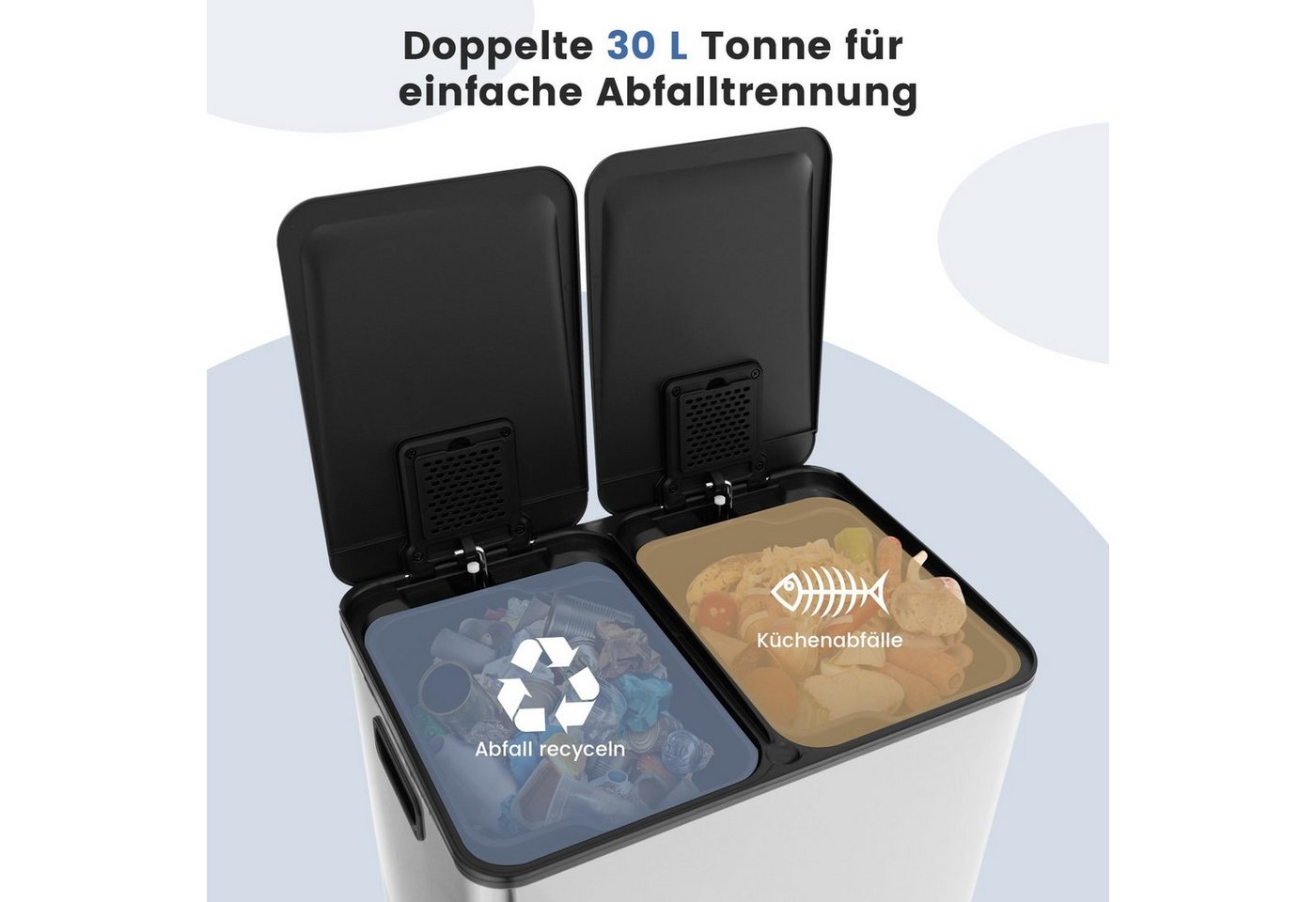 COSTWAY Mülleimer Inneneimer herausnehmbar, 2 Fächer, 2 x 30L, aus Edelstahl – Bild 3 von 5