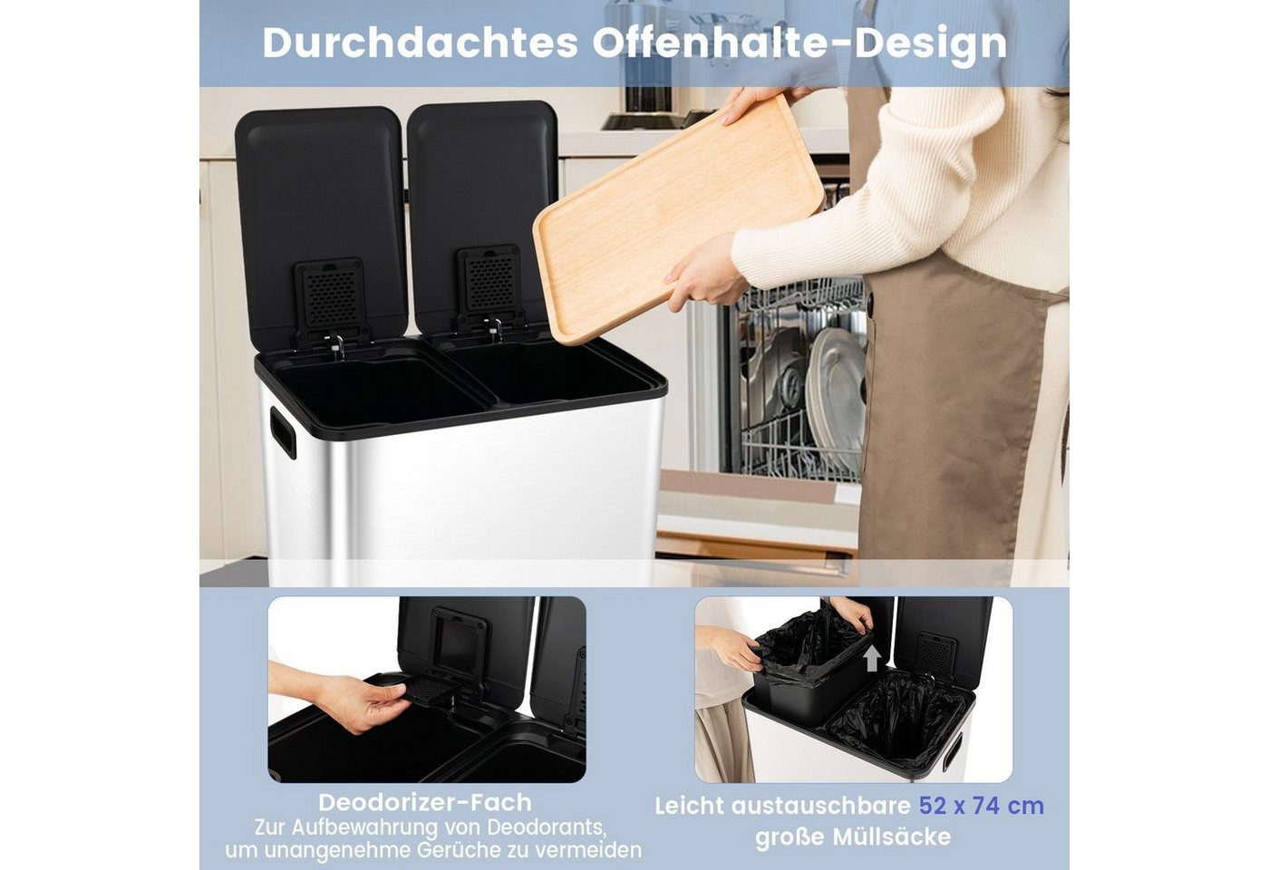 COSTWAY Mülleimer Inneneimer herausnehmbar, 2 Fächer, 2 x 30L, aus Edelstahl – Bild 4 von 5