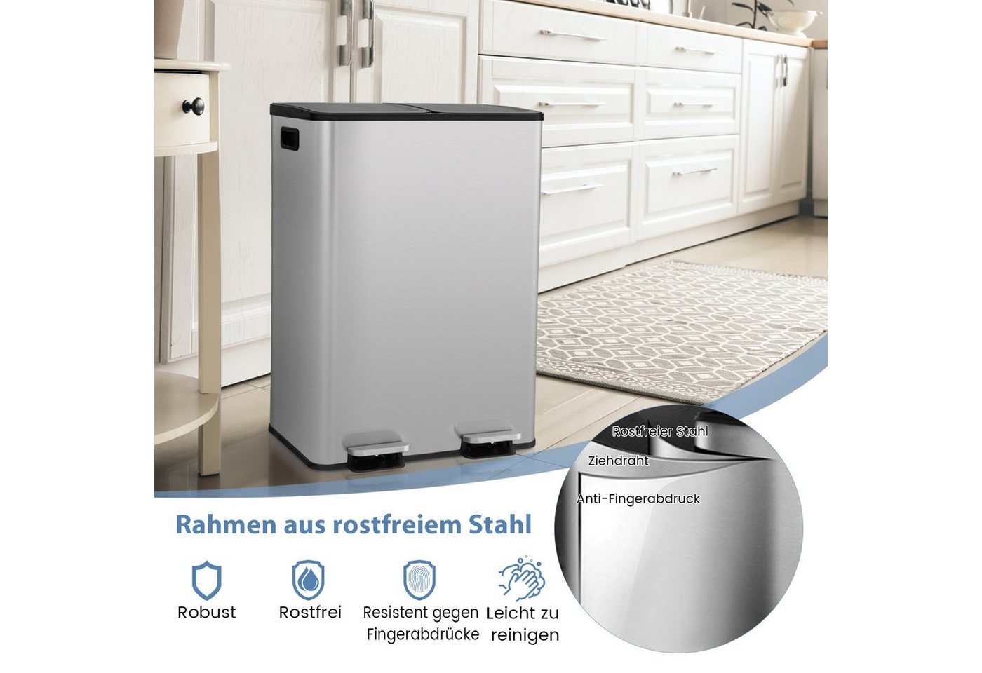 COSTWAY Mülleimer Inneneimer herausnehmbar, 2 Fächer, 2 x 30L, aus Edelstahl – Bild 5 von 5