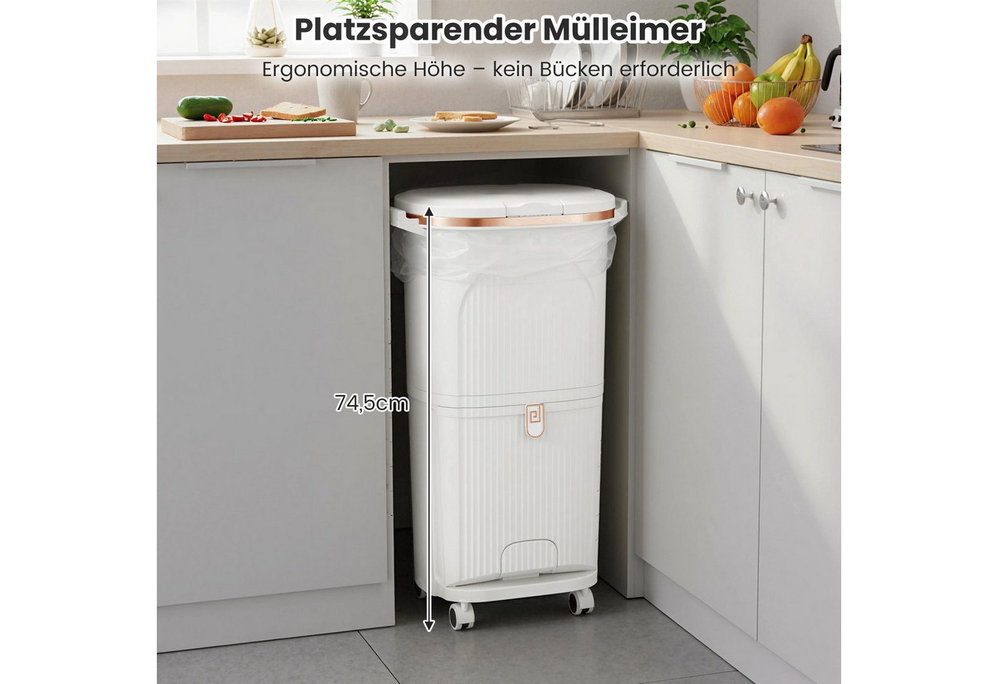 COSTWAY Mülleimer Küche 3 Fächer Mülltrennsystem 38L Abfalleimer, Deckel, Pedal & Haken, Tretmülleimer Abfallsammler für Küche – Bild 2 von 5