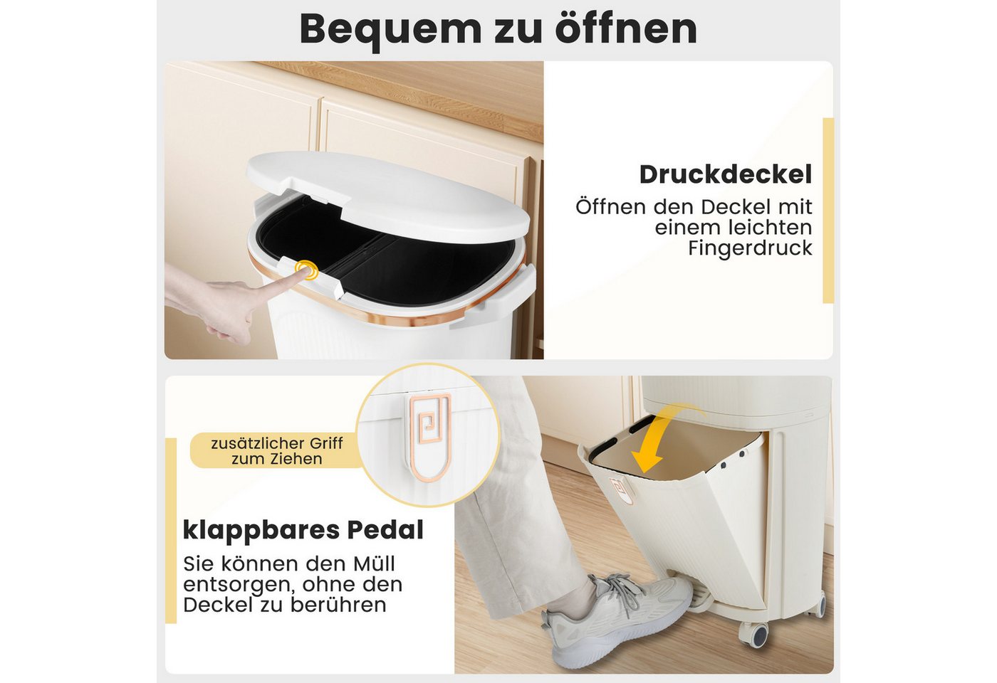 COSTWAY Mülleimer Küche 3 Fächer Mülltrennsystem 38L Abfalleimer, Deckel, Pedal & Haken, Tretmülleimer Abfallsammler für Küche – Bild 4 von 5