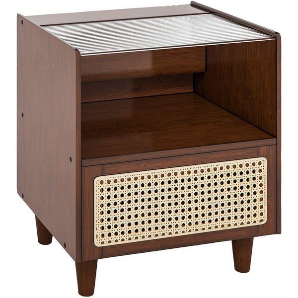 COSTWAY Nachttisch (1-St), mit Schublade und Glastischplatte, aus Bambus & Rattan