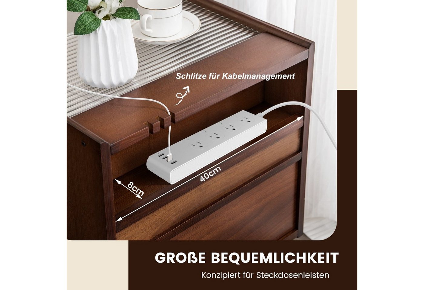 COSTWAY Nachttisch (1-St), mit Schublade und Glastischplatte, aus Bambus & Rattan – Bild 2 von 5