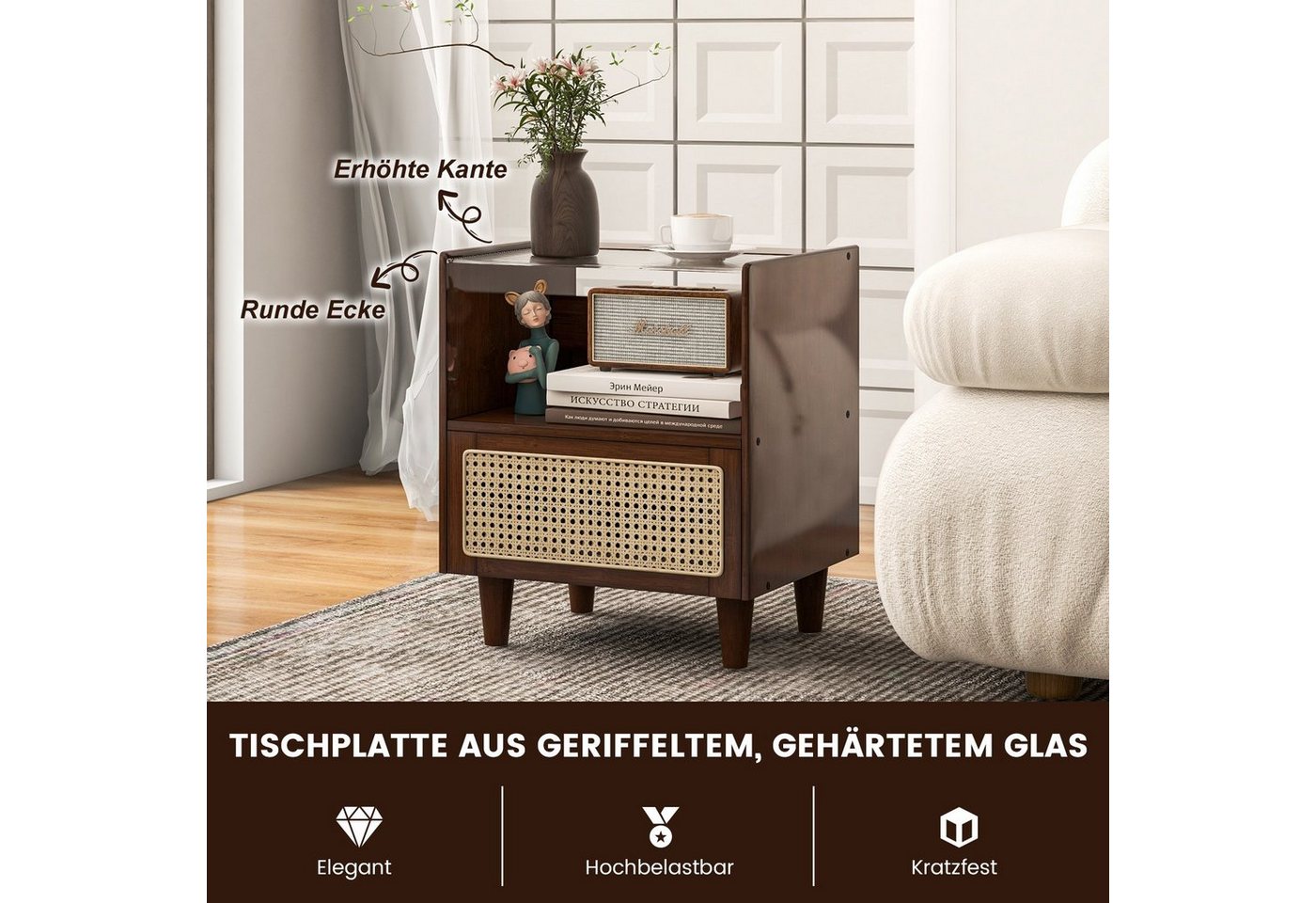 COSTWAY Nachttisch (1-St), mit Schublade und Glastischplatte, aus Bambus & Rattan – Bild 3 von 5