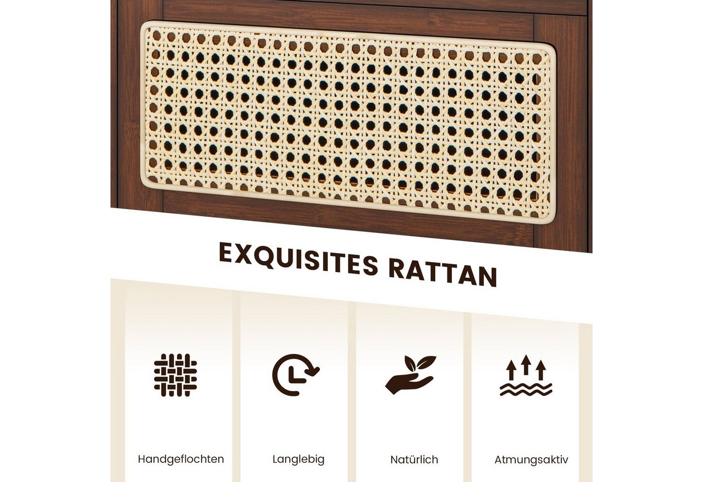 COSTWAY Nachttisch (1-St), mit Schublade und Glastischplatte, aus Bambus & Rattan – Bild 4 von 5