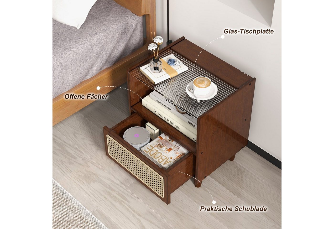 COSTWAY Nachttisch (1-St), mit Schublade und Glastischplatte, aus Bambus & Rattan – Bild 5 von 5