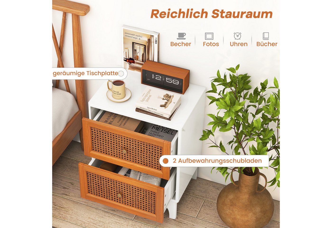 COSTWAY Nachttisch (1-St), Rattan Nachtschrank, mit 2 Schubladen, 46 x 33 x 59,5 cm – Bild 3 von 5