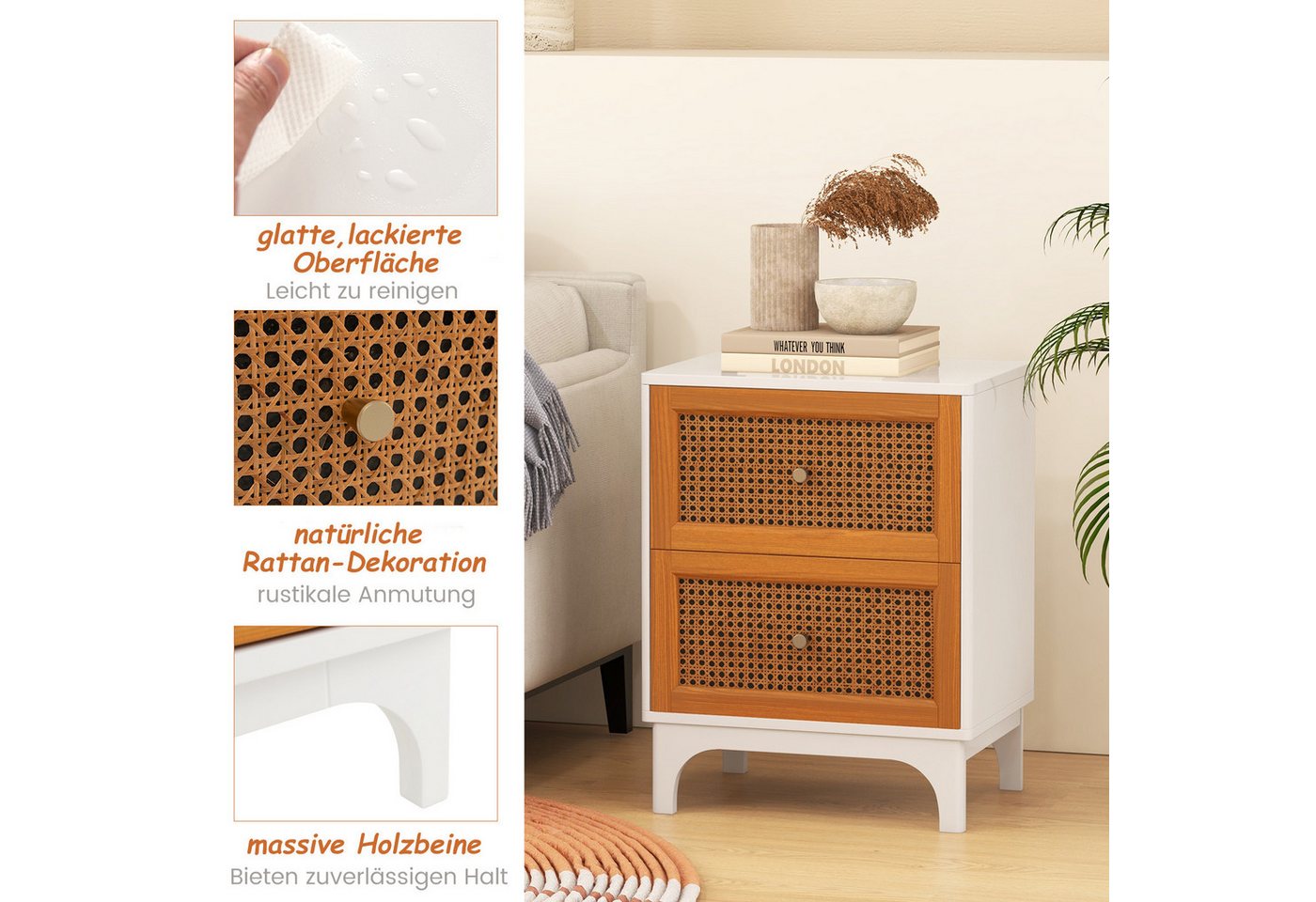 COSTWAY Nachttisch (1-St), Rattan Nachtschrank, mit 2 Schubladen, 46 x 33 x 59,5 cm – Bild 4 von 5