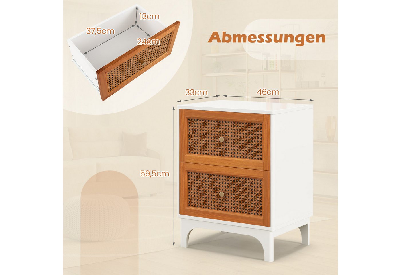 COSTWAY Nachttisch (1-St), Rattan Nachtschrank, mit 2 Schubladen, 46 x 33 x 59,5 cm – Bild 5 von 5