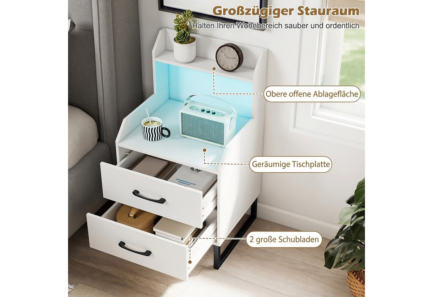 COSTWAY Nachttisch (1-St), Beistelltisch mit LED & Ladestation, Nachtschrank – Bild 2 von 5