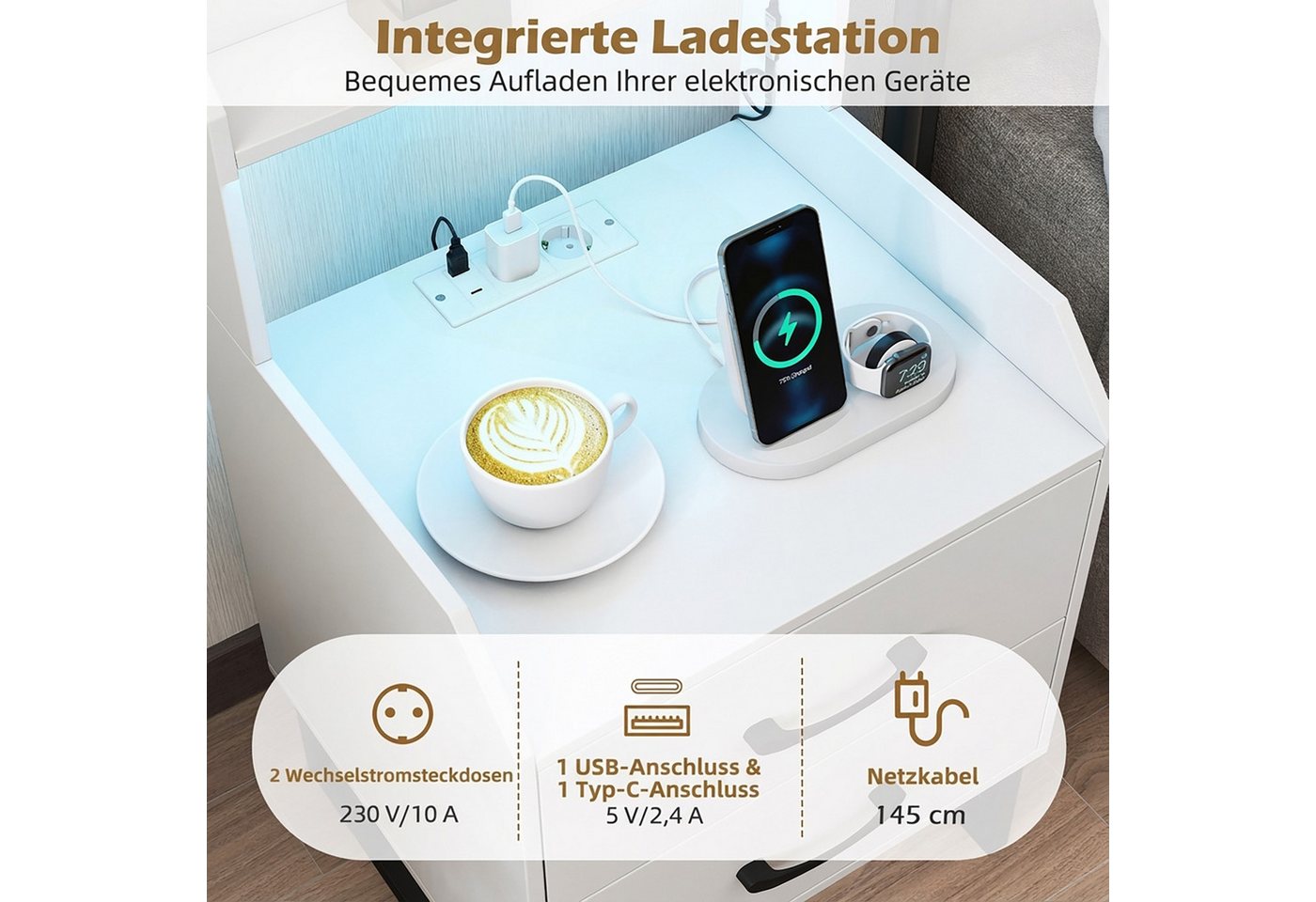 COSTWAY Nachttisch (1-St), Beistelltisch mit LED & Ladestation, Nachtschrank – Bild 3 von 5