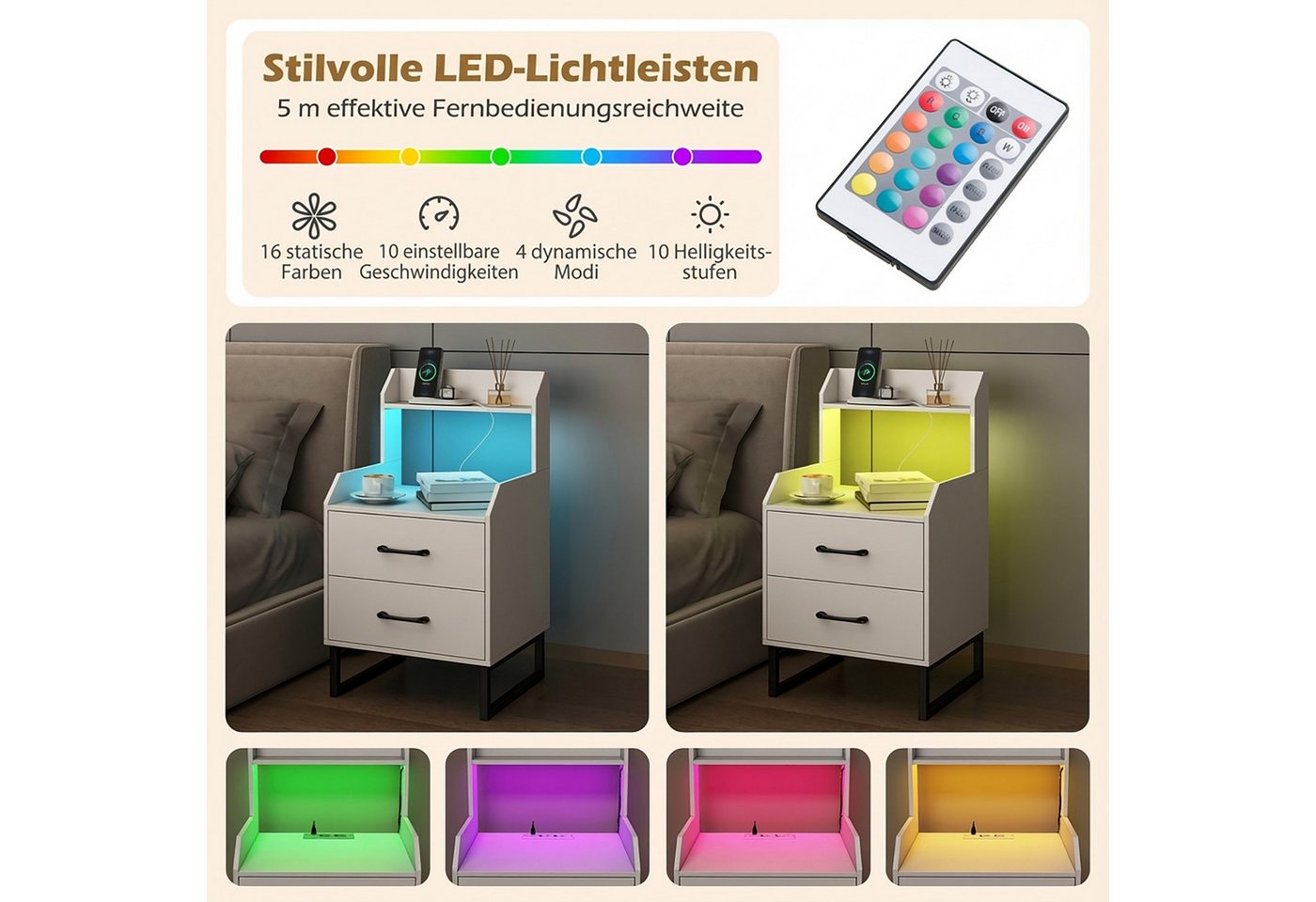 COSTWAY Nachttisch (1-St), Beistelltisch mit LED & Ladestation, Nachtschrank – Bild 4 von 5