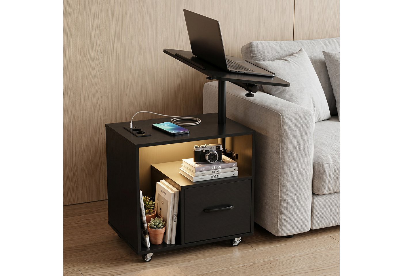 COSTWAY Nachttisch (1-St), LED Nachtschrank, Beistelltisch mit Rollen, Ladestation & Steckdosen – Bild 2 von 5