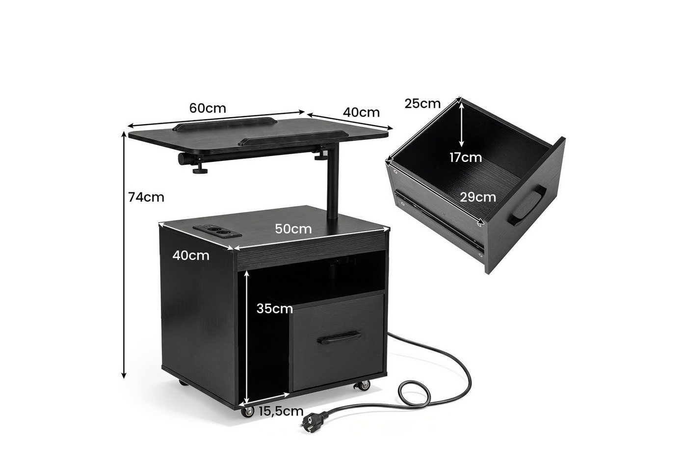 COSTWAY Nachttisch (1-St), LED Nachtschrank, Beistelltisch mit Rollen, Ladestation & Steckdosen – Bild 3 von 5