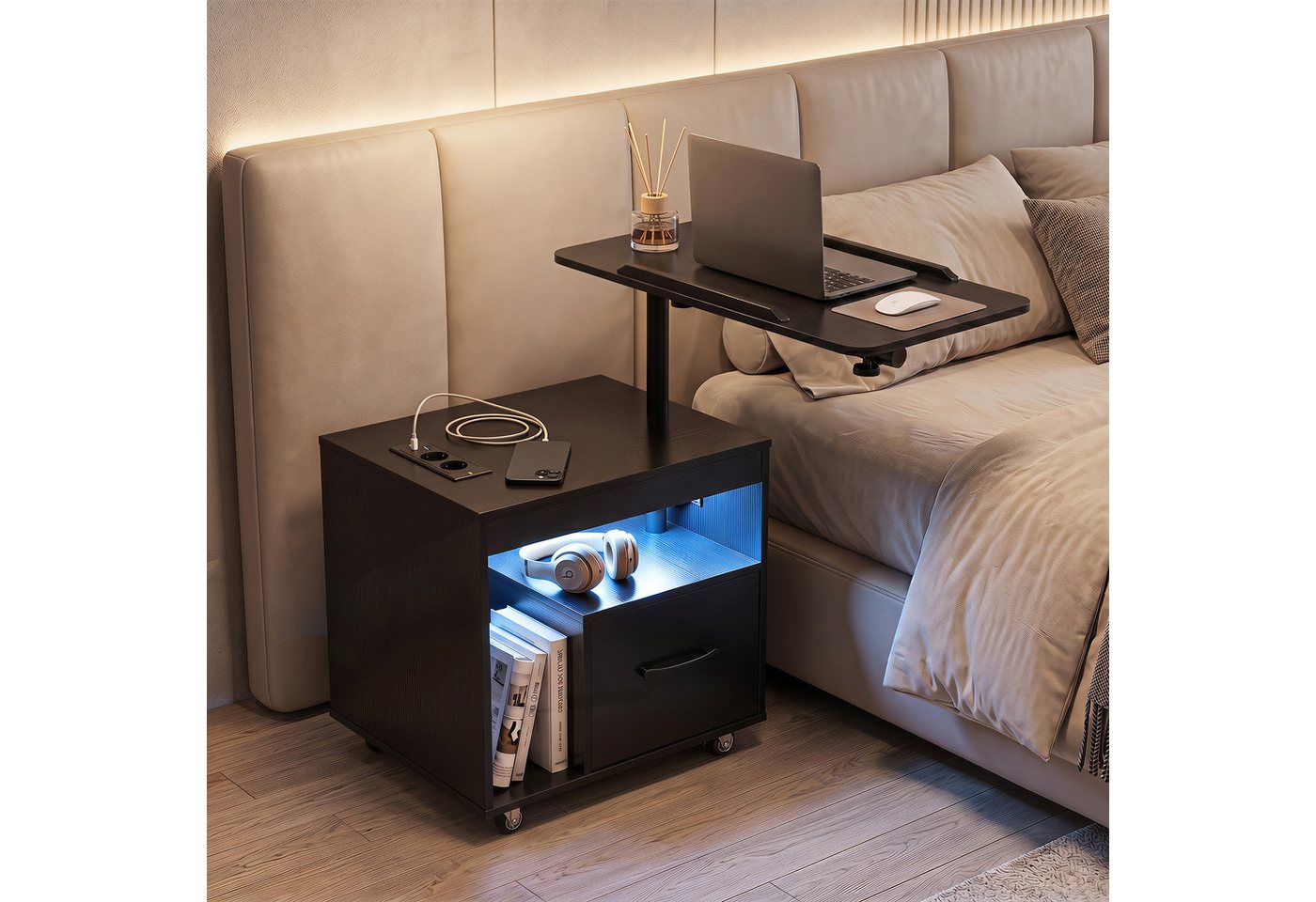 COSTWAY Nachttisch (1-St), LED Nachtschrank, Beistelltisch mit Rollen, Ladestation & Steckdosen – Bild 4 von 5