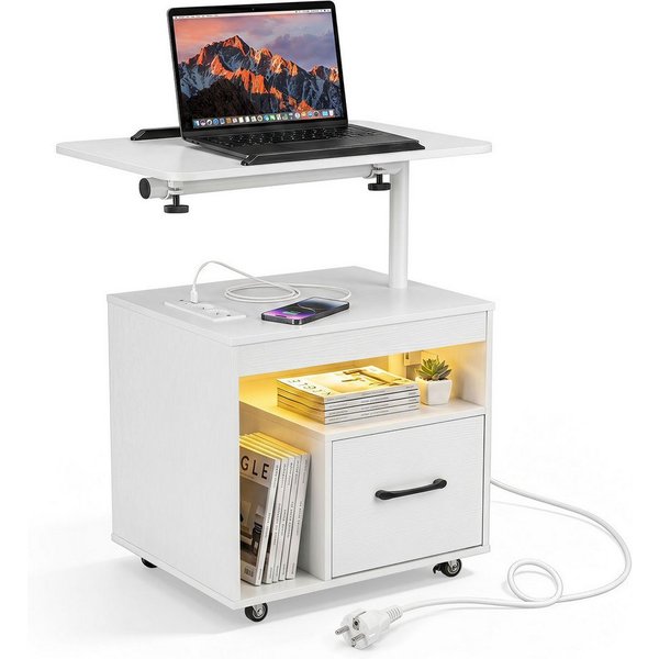 COSTWAY Nachttisch (1-St), LED Nachtschrank, Beistelltisch mit Rollen, Ladestation & Steckdosen