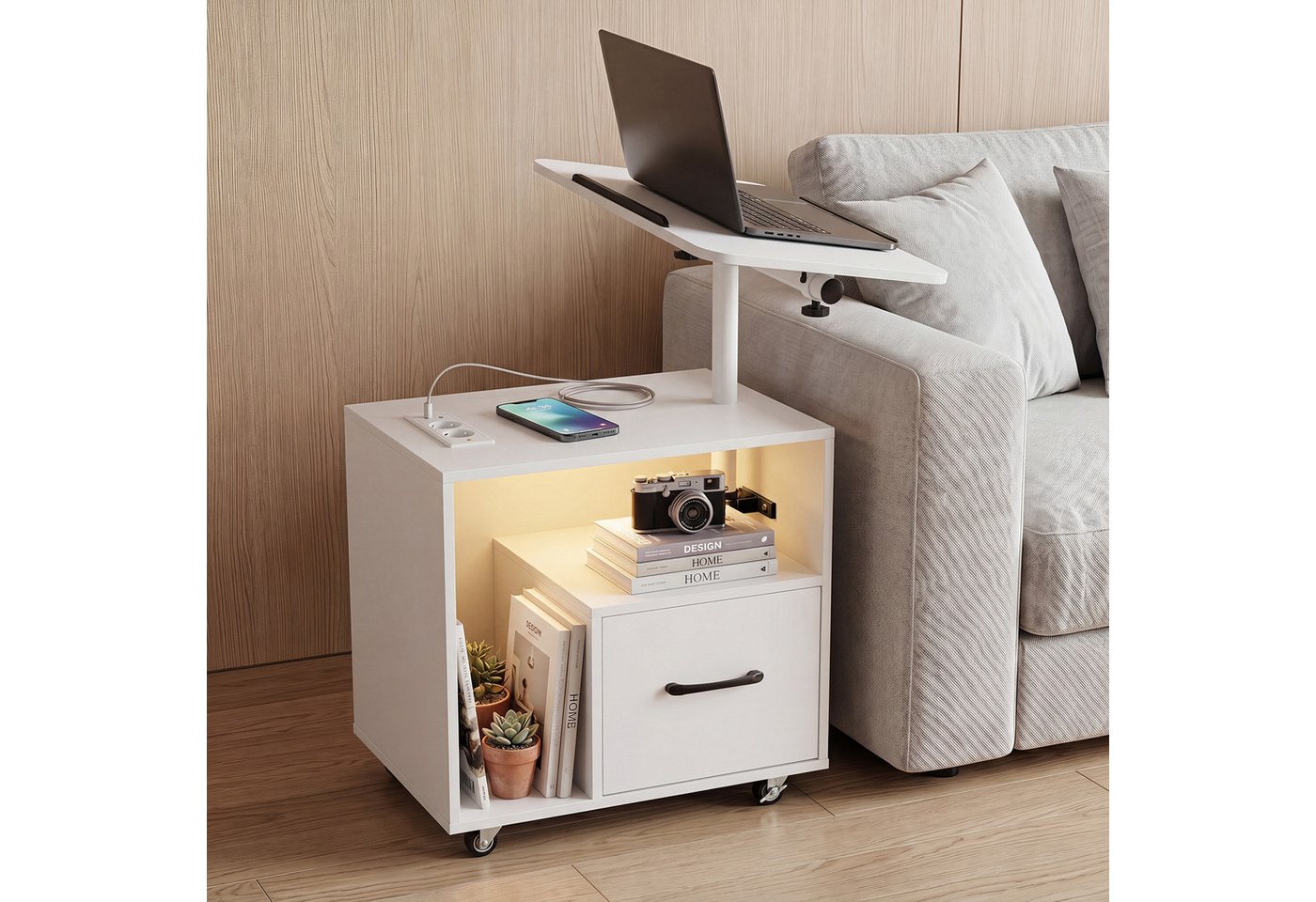 COSTWAY Nachttisch (1-St), LED Nachtschrank, Beistelltisch mit Rollen, Ladestation & Steckdosen – Bild 2 von 5