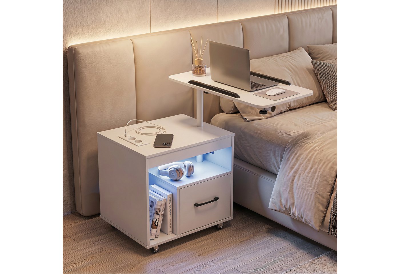 COSTWAY Nachttisch (1-St), LED Nachtschrank, Beistelltisch mit Rollen, Ladestation & Steckdosen – Bild 4 von 5