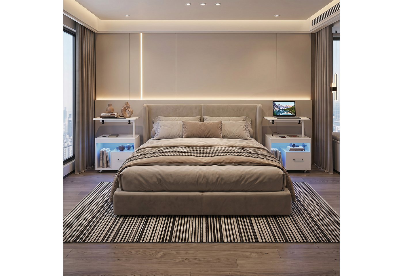COSTWAY Nachttisch (1-St), LED Nachtschrank, Beistelltisch mit Rollen, Ladestation & Steckdosen – Bild 5 von 5
