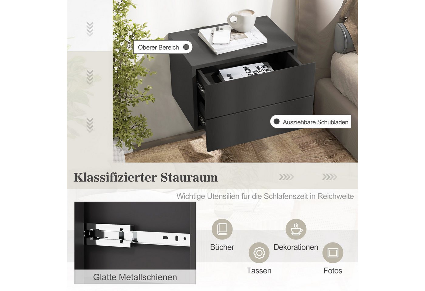 COSTWAY Nachttisch (2-St), hängend, mit 2 Schubladen, Nachtschrank – Bild 3 von 5