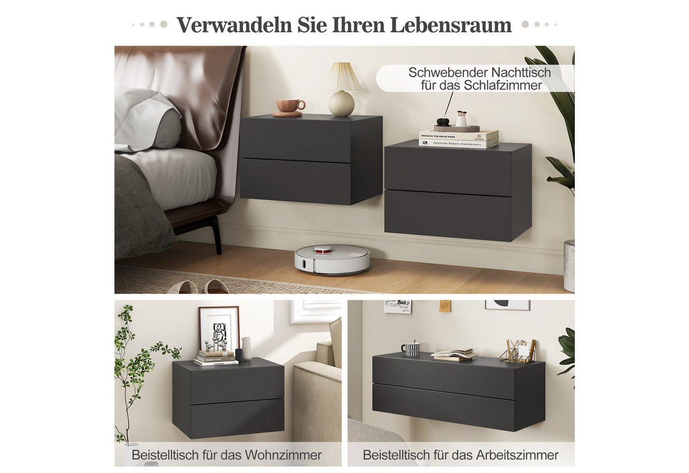 COSTWAY Nachttisch (2-St), hängend, mit 2 Schubladen, Nachtschrank – Bild 4 von 5