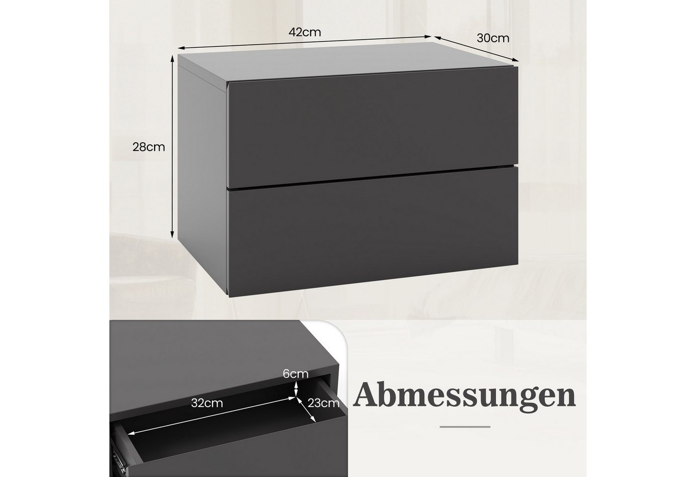 COSTWAY Nachttisch (2-St), hängend, mit 2 Schubladen, Nachtschrank – Bild 5 von 5