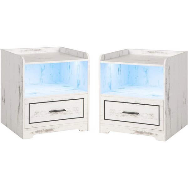 COSTWAY Nachttisch (2-St), LED, 3 Farben, mit Schublade & USB-Anschluss, Holz
