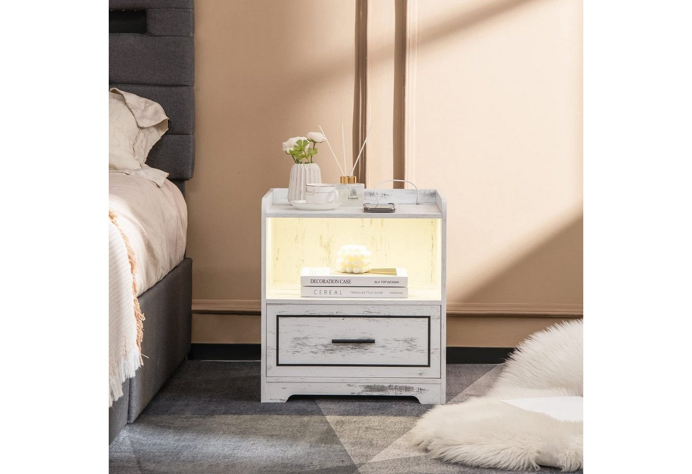 COSTWAY Nachttisch (2-St), LED, 3 Farben, mit Schublade & USB-Anschluss, Holz – Bild 2 von 5