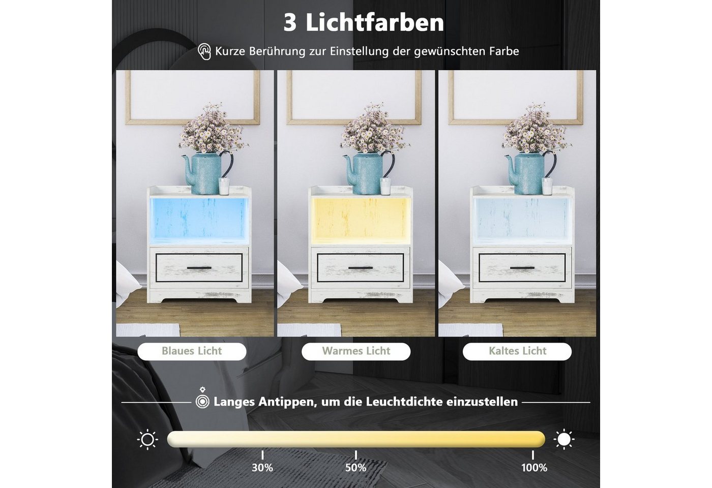 COSTWAY Nachttisch (2-St), LED, 3 Farben, mit Schublade & USB-Anschluss, Holz – Bild 3 von 5