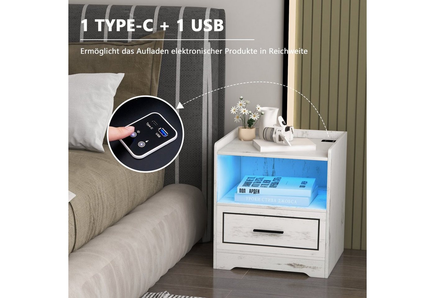 COSTWAY Nachttisch (2-St), LED, 3 Farben, mit Schublade & USB-Anschluss, Holz – Bild 4 von 5