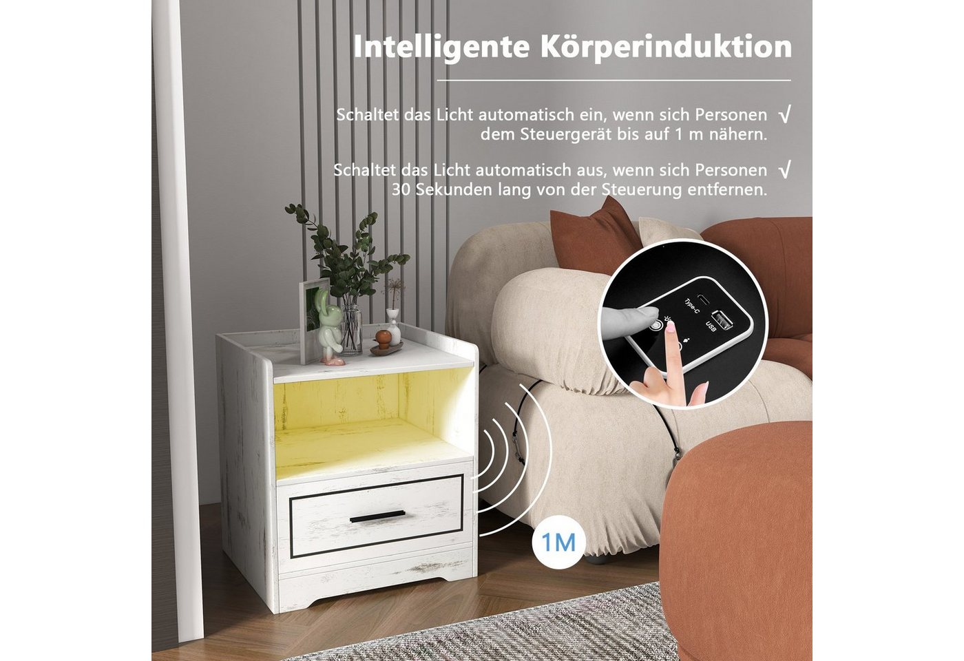 COSTWAY Nachttisch (2-St), LED, 3 Farben, mit Schublade & USB-Anschluss, Holz – Bild 5 von 5
